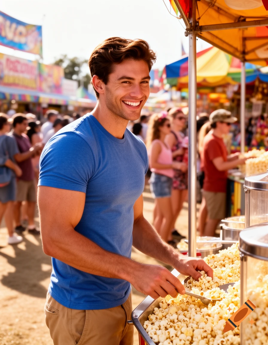 A smiling man in a blue t-shirt scoops popcorn from a large bin at a lively outdoor fair.