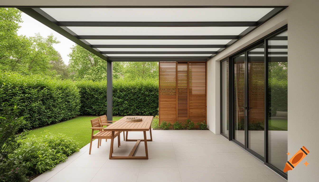 A modern outdoor patio with a wooden table and chairs under a pergola, next to a lush green garden.