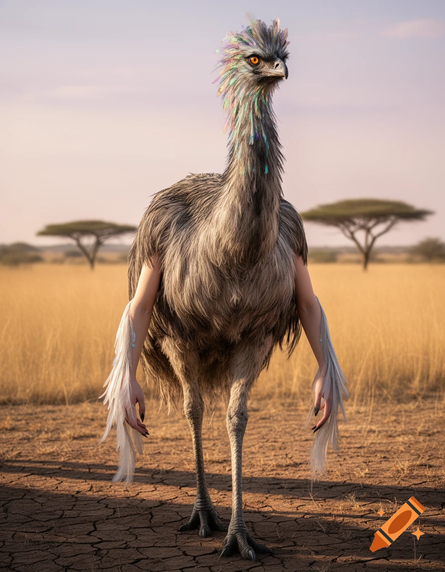 An emu-like fantasy creature with human arms and colorful head feathers stands in a dry, grassy savanna.