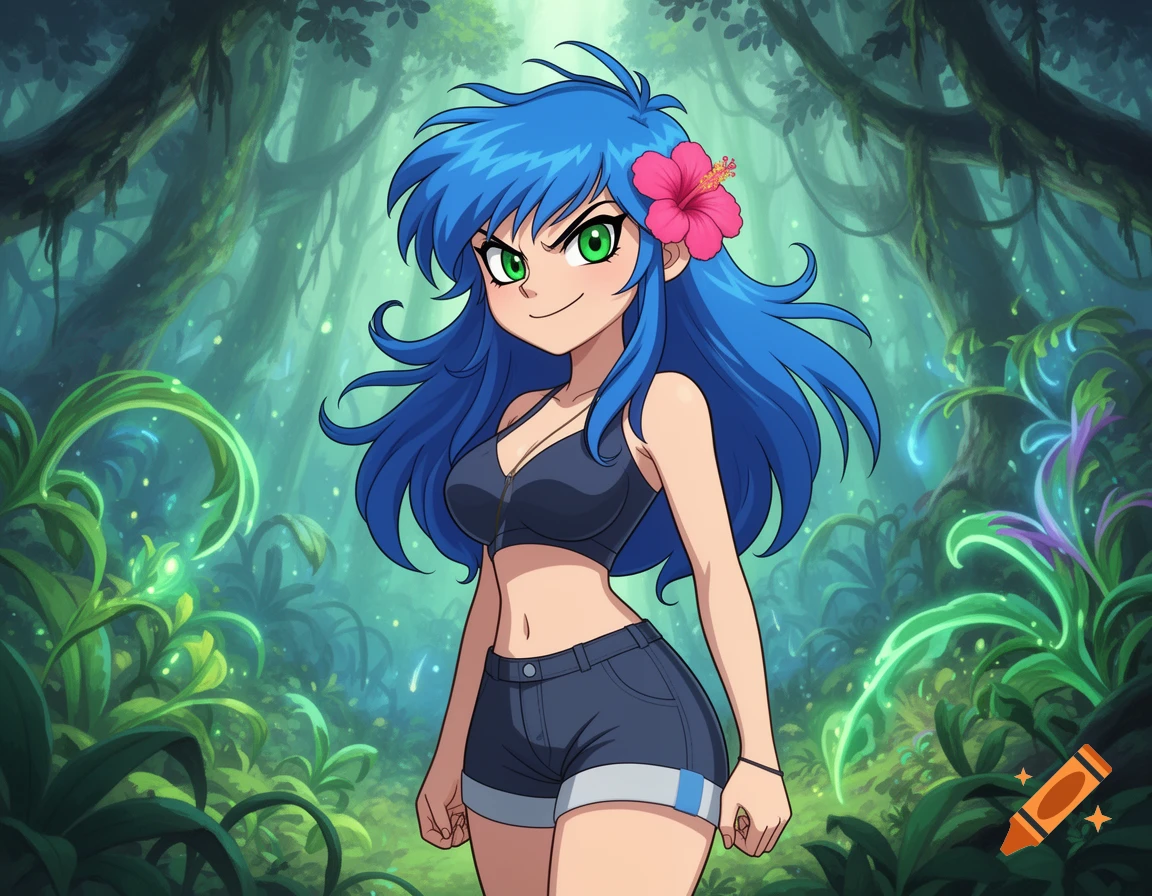 Anime girl with blue hair and green eyes, wearing a dark crop top and denim shorts, stands in a vibrant, glowing jungle.