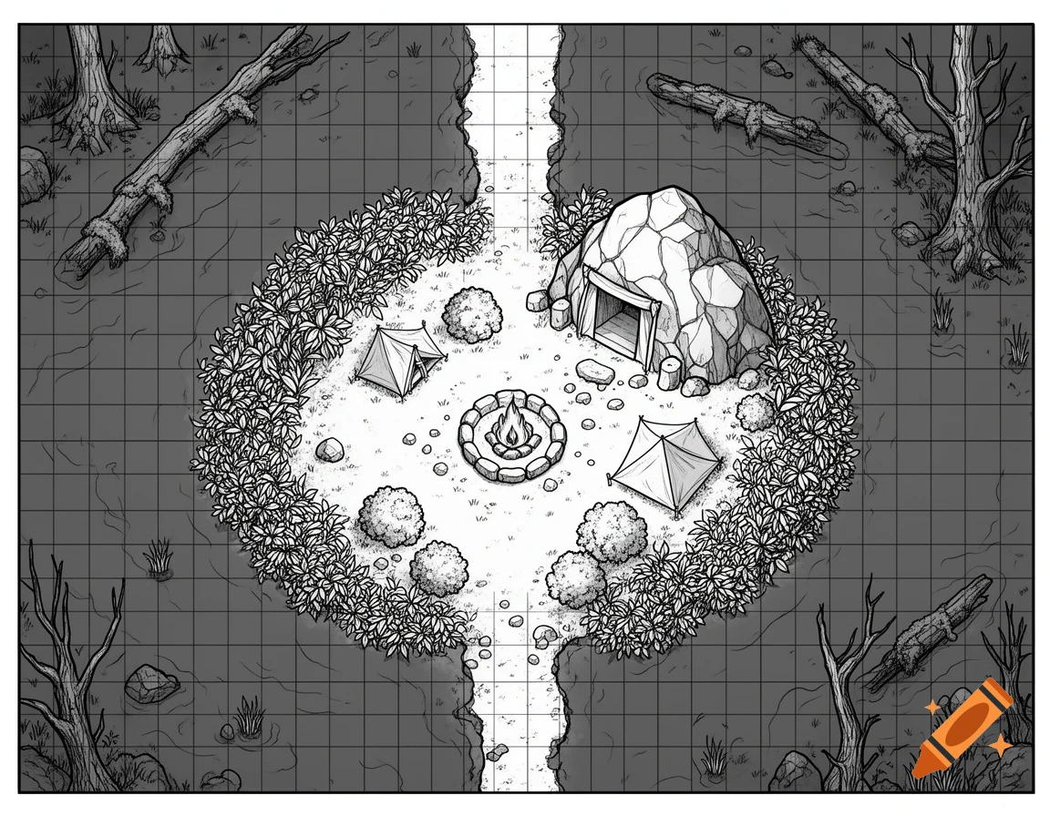 Top-down black and white fantasy battlemap showing a raised campsite with a fire pit, tents, and a rock cave, surrounded by bushes, within a swamp with a grid overlay.
