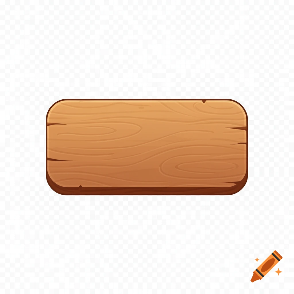 A rounded, brown wooden button with natural grain texture, isolated on a transparent background for a game UI.