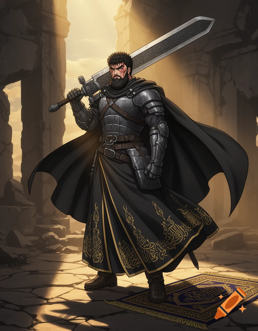 Anime-style warrior resembling Guts in armor and a black robe, holding a large sword in ancient ruins, with a prayer mat.