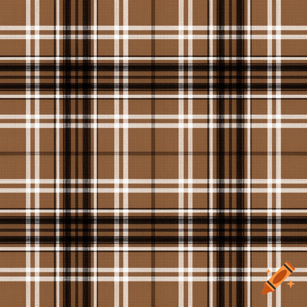 A seamless plaid pattern with brown, black, and white lines creating a woven fabric texture.