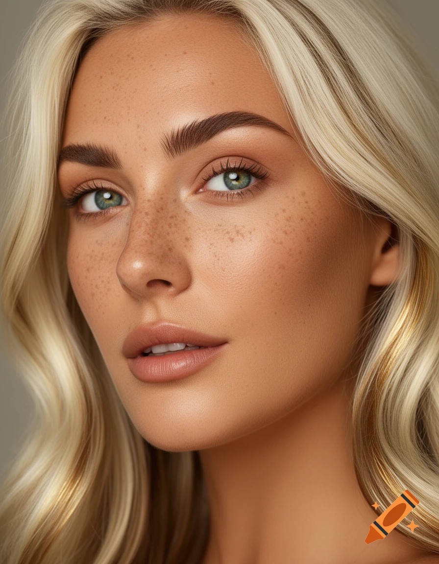 Photorealistic close-up portrait of a blonde woman with green eyes, freckles, and light makeup.