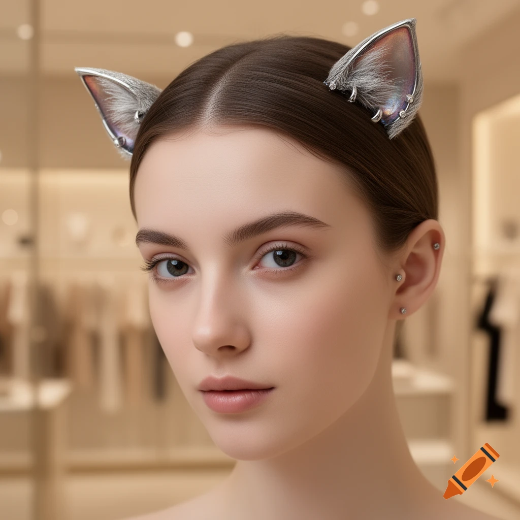 A young woman wearing silver cat ear-shaped ear piercings looks directly at the camera, with a blurred background.