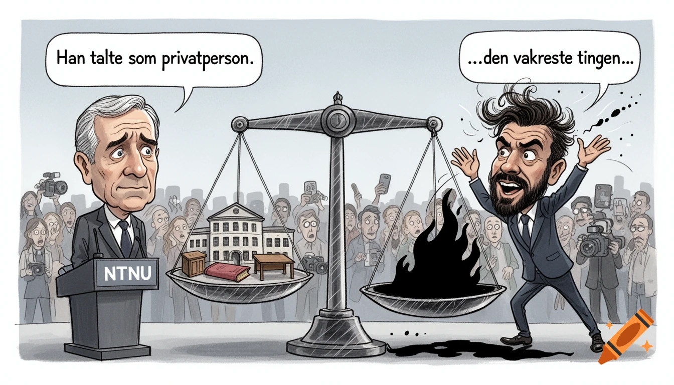 A political cartoon shows a man at a podium speaking next to a scale with a building and a black flame, observed by a crowd.