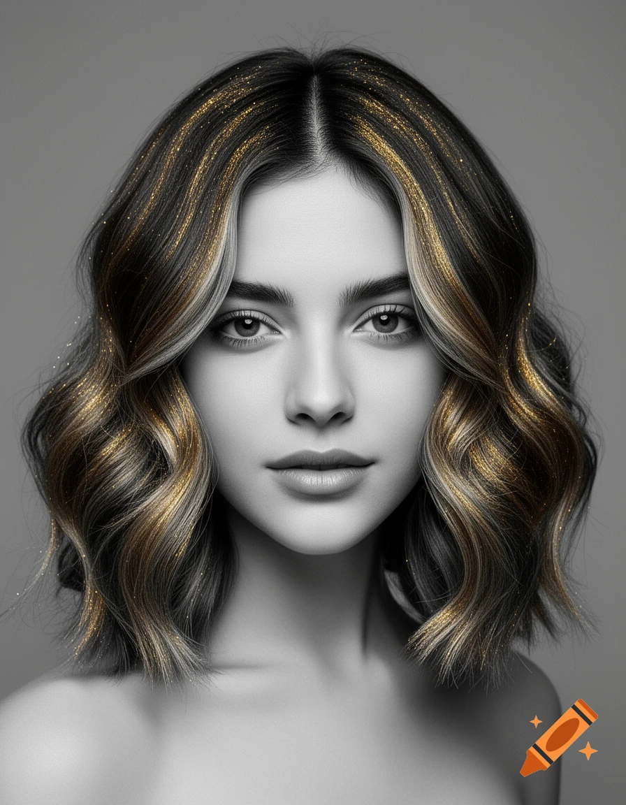 A grayscale portrait of a woman with wavy, dark, medium-length hair featuring prominent gold glitter highlights.