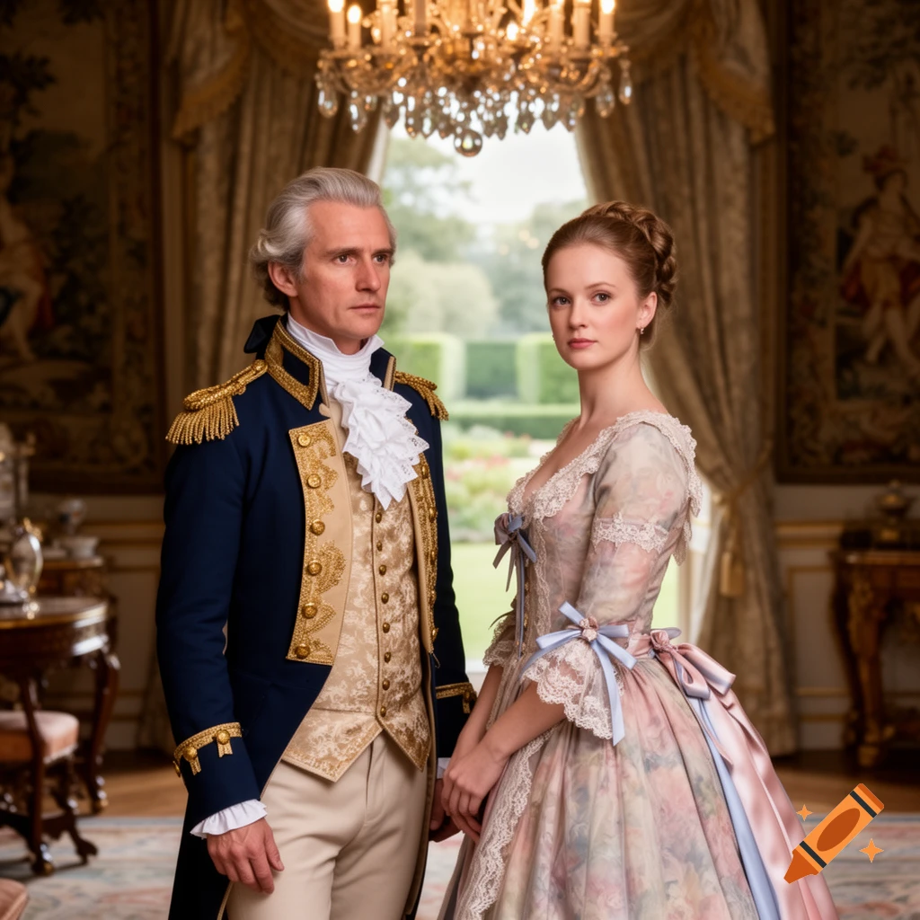 A photorealistic image of a man in a blue military coat and a woman in a floral gown, posed in a grand historical room.