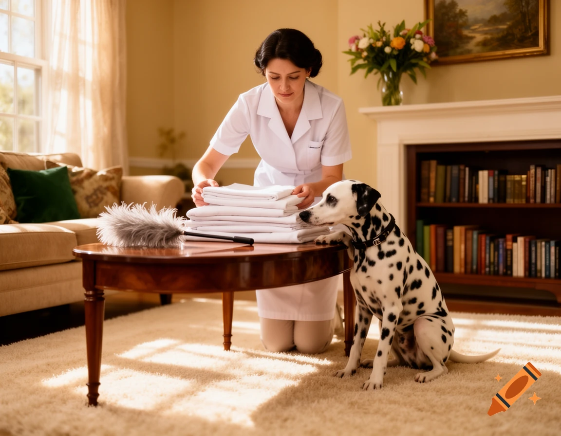 A photorealistic image of a housekeeper kneeling, folding white linens on a wooden coffee table, while a Dalmatian dog sits beside her on a rug in a bright living room.