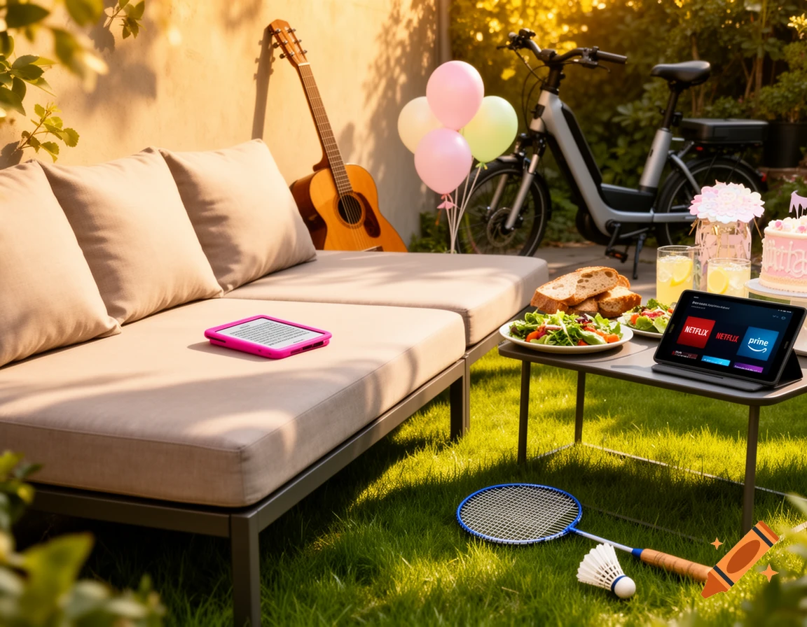 A sunny garden scene with a lounge sofa, an e-reader, a guitar, an electric bike, and a table with food, drinks, a tablet, and a birthday cake, along with badminton gear on the grass.