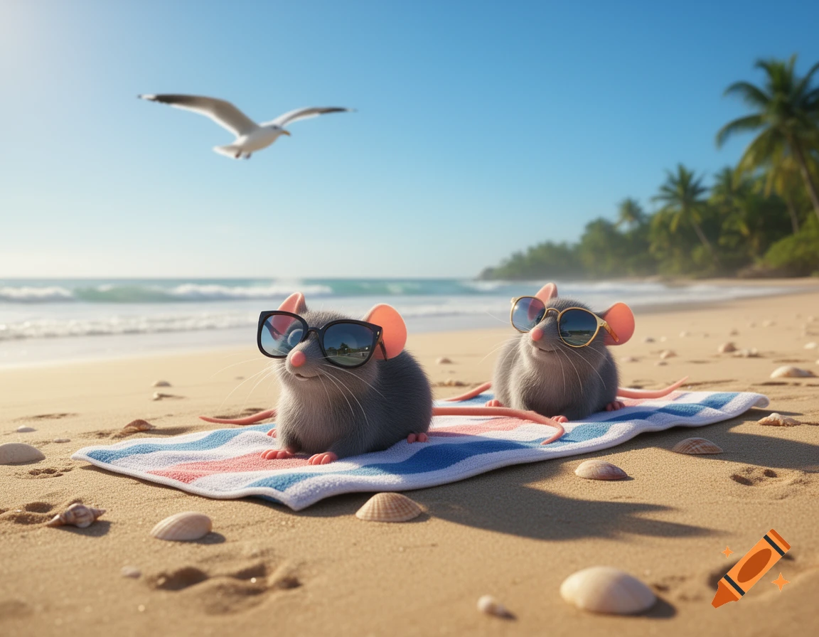 Two cute rats in sunglasses relax on a beach towel on a sunny tropical beach with palm trees and a flying seagull.