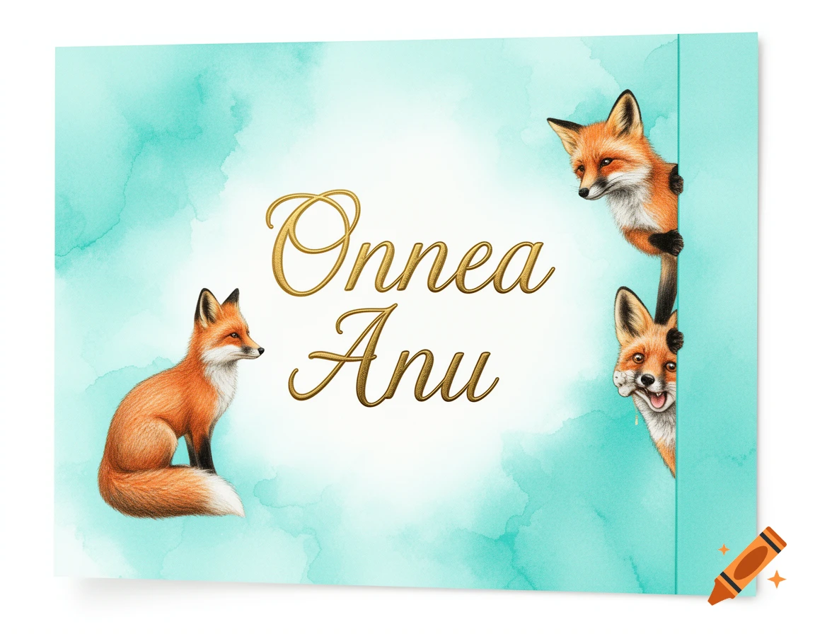 A turquoise watercolor greeting card with elegant gold lettering that reads 'Onnea Anu', featuring a sitting fox and two foxes peeking from the right side.
