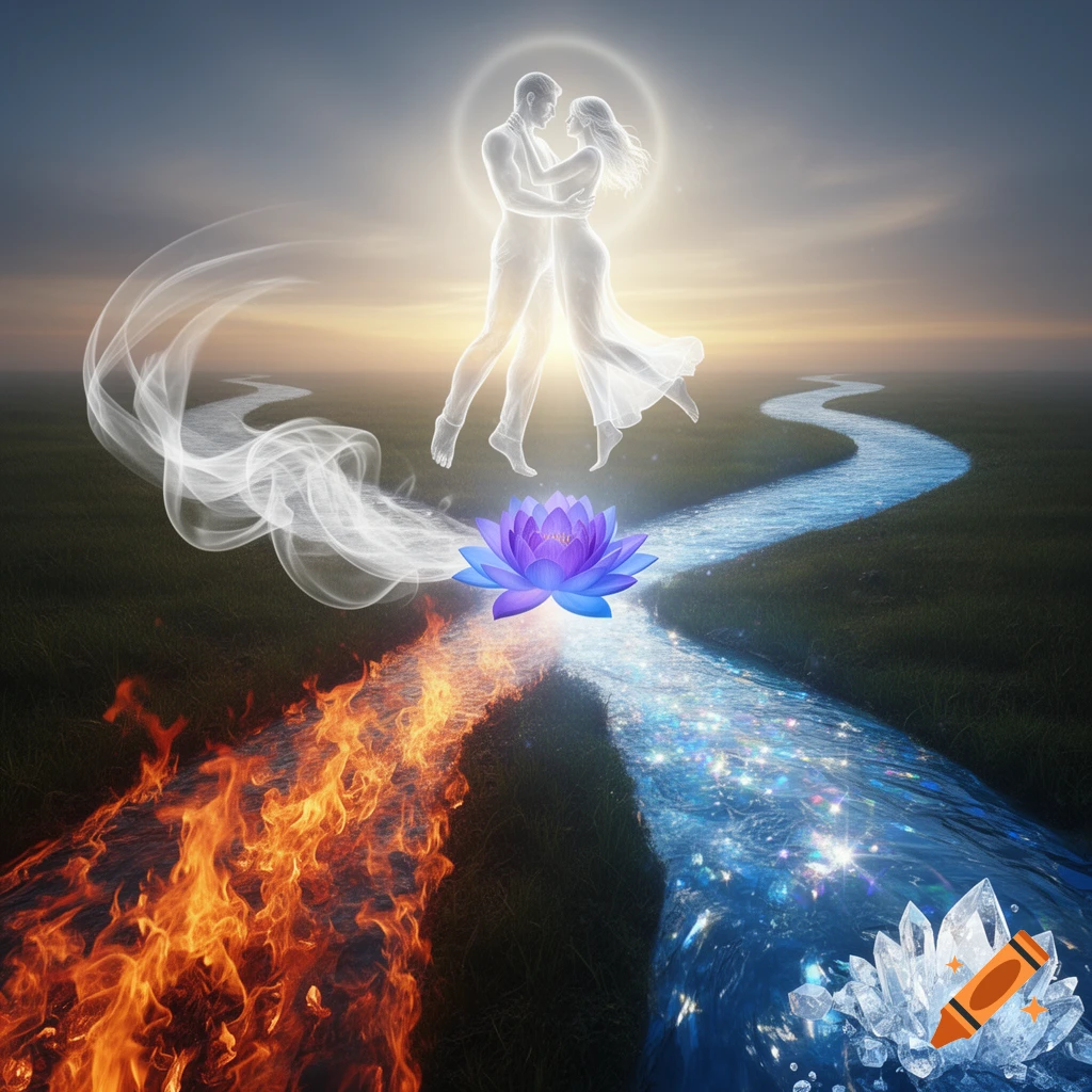 Ethereal male and female figures embrace above a purple-blue lotus, where rivers of fire and sparkling water converge under a sunset.