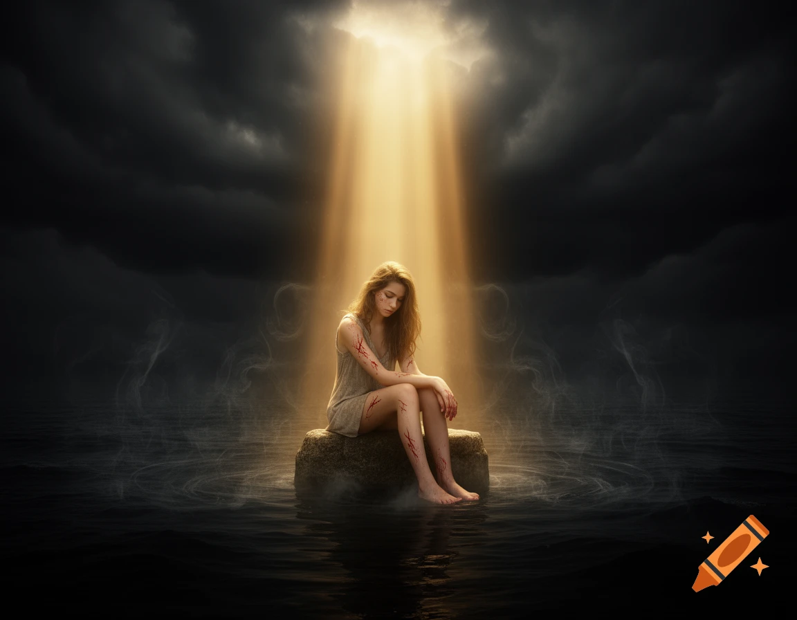 A young woman with red marks on her skin sits on a rock in dark water under a stormy sky, bathed in a warm, bright ray of light.