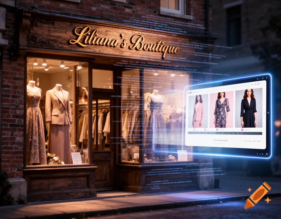 A photorealistic image of Liliana's Boutique storefront at dusk, with digital code and a glowing online store interface superimposed, symbolizing a shop transforming into an online website.