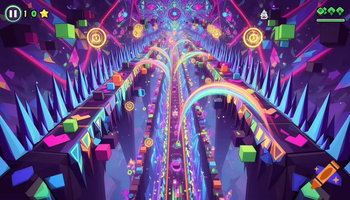 Colorful, abstract video game level with a long, spike-lined path, glowing dash orbs, and cuboid obstacles.