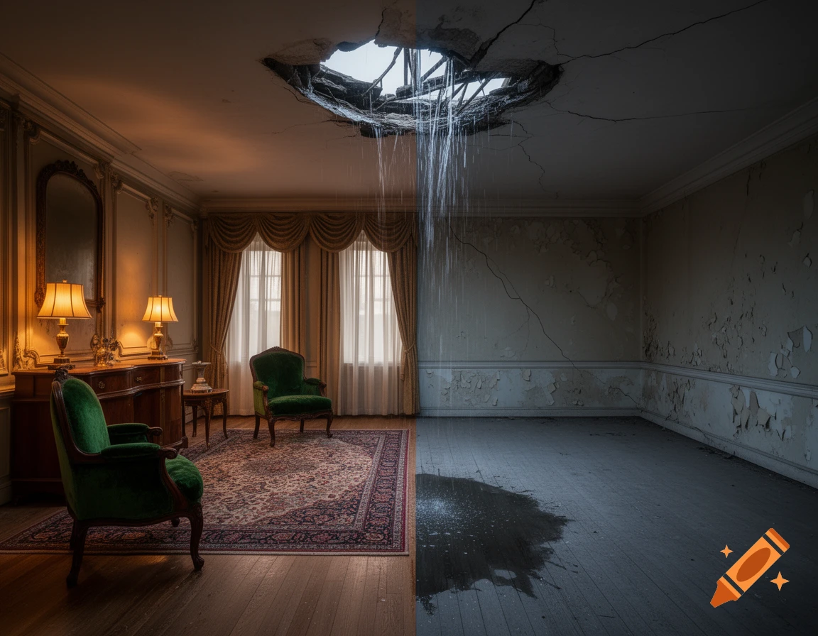 A room split in half, one side elegant with green chairs, the other side dilapidated with a leaking, cracked ceiling.