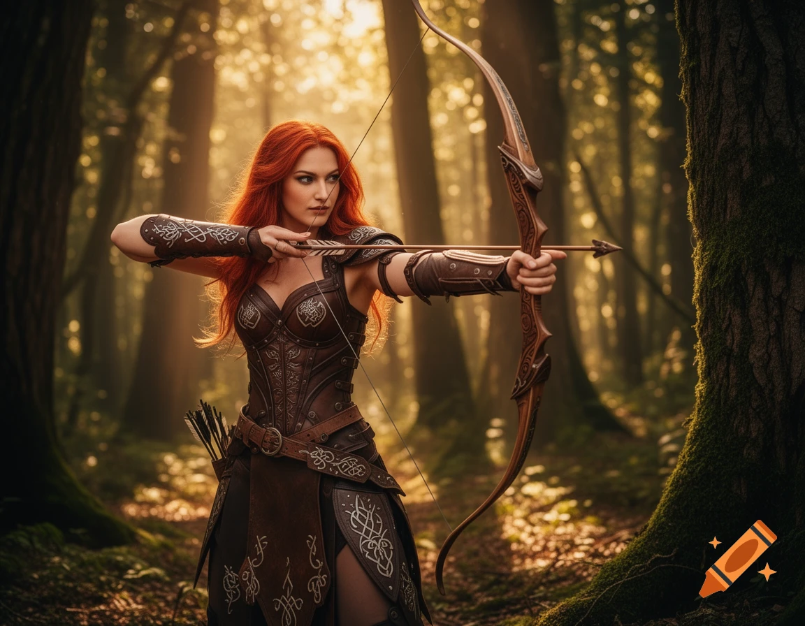 A red-haired female fantasy archer draws her bow and arrow in an enchanted, sunlit forest, looking intense.
