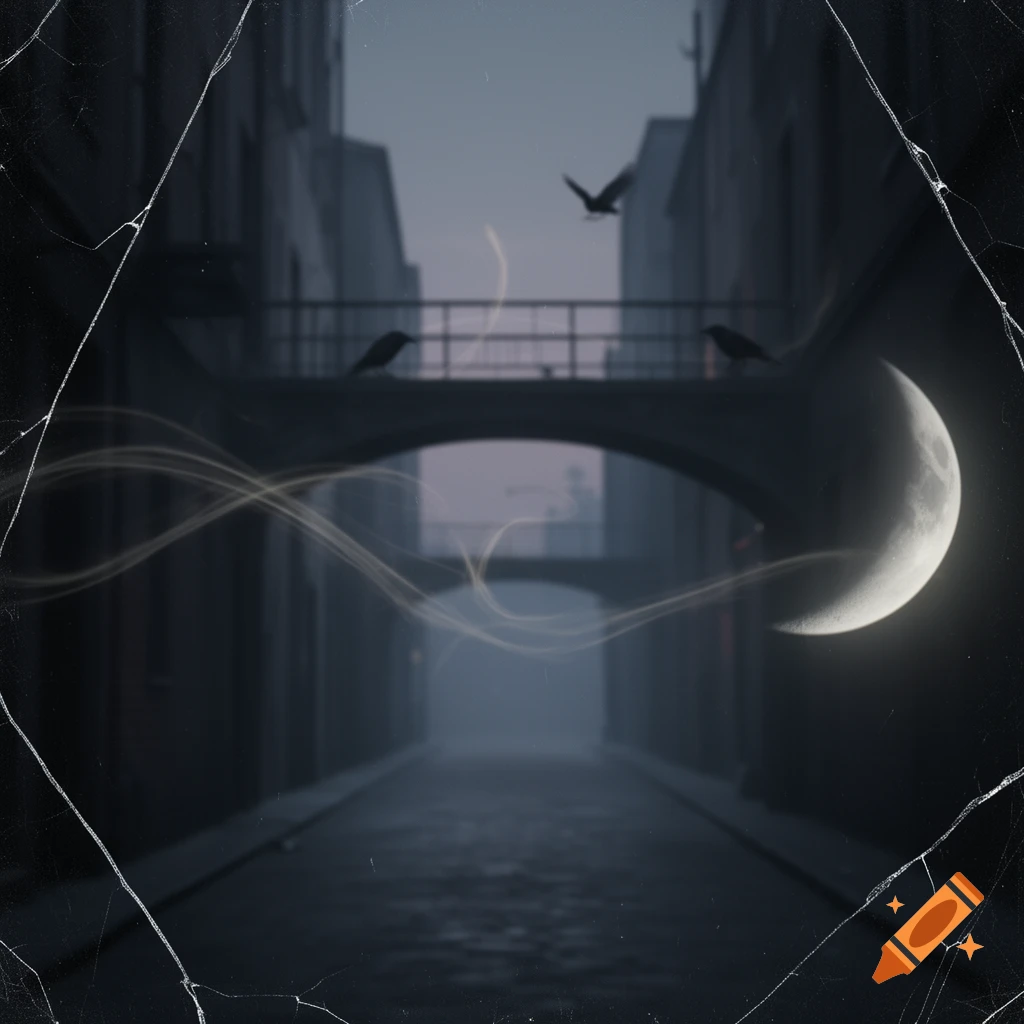 A dark, stylized alleyway with a bridge, crescent moon, flying crows, and ethereal light trails, featuring a cracked glass effect.