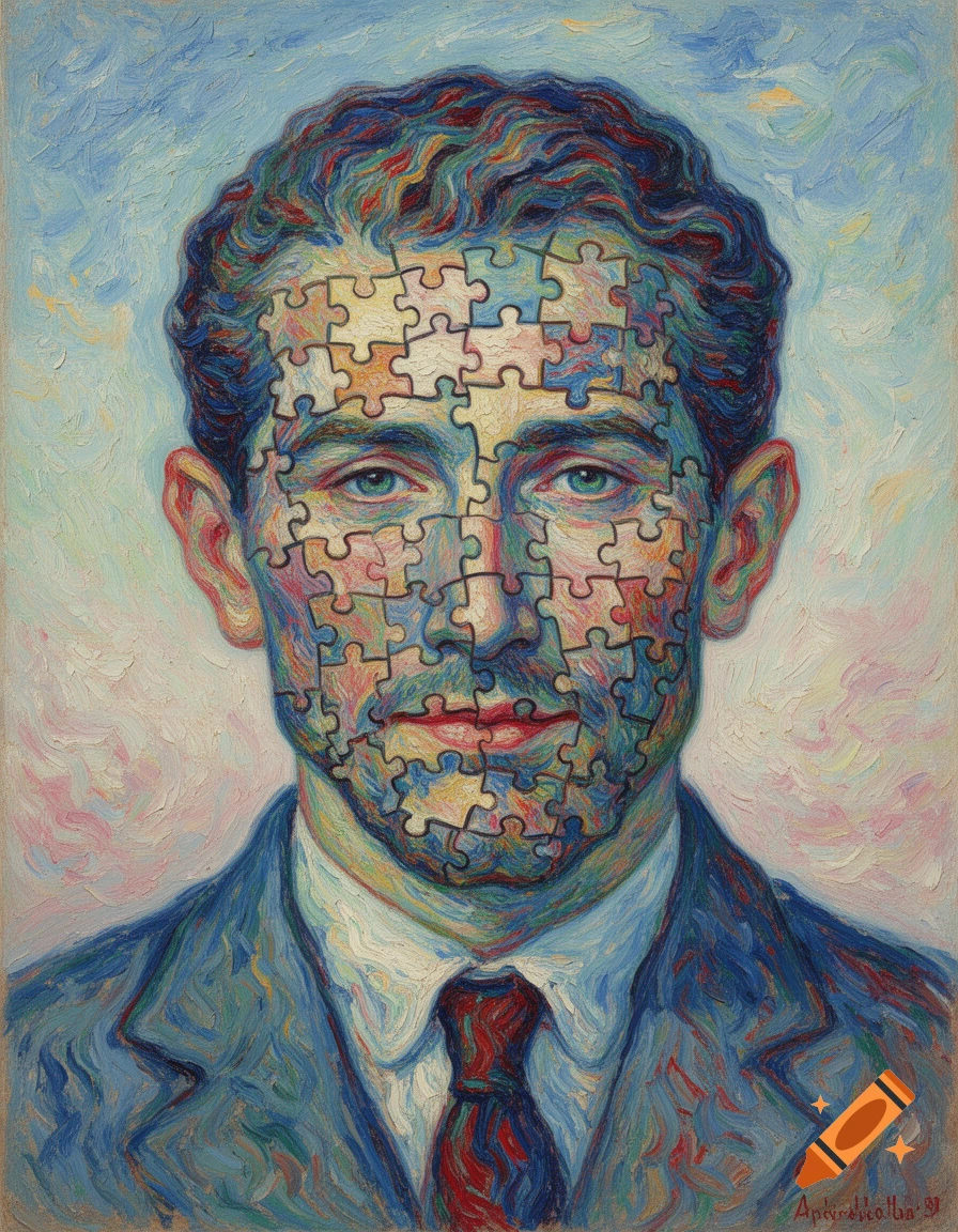 Impressionistic oil painting of a man's face made of colorful puzzle pieces, set against a light background.