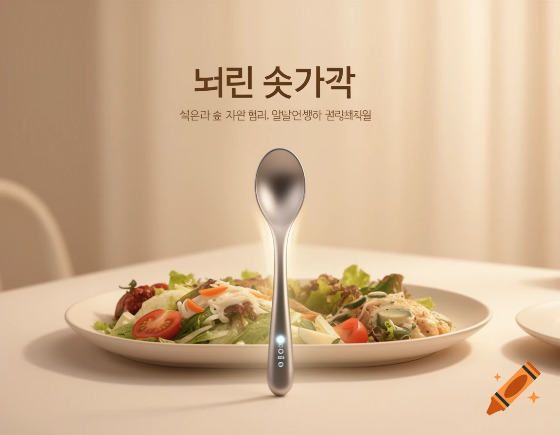 A sleek, metallic smart spoon stands upright in front of a white plate with a fresh salad. Korean text is at the top. The scene is lit warmly.