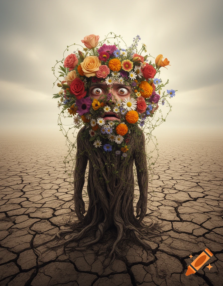 Surreal figure with a human face covered in colorful flowers and a body ...