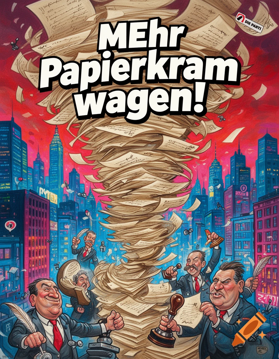 Satirical cartoon political poster: A paperwork tornado over a city with caricatured men and the text 'MEhr Papierkram wagen!' and 'DIE PARTI' logo.