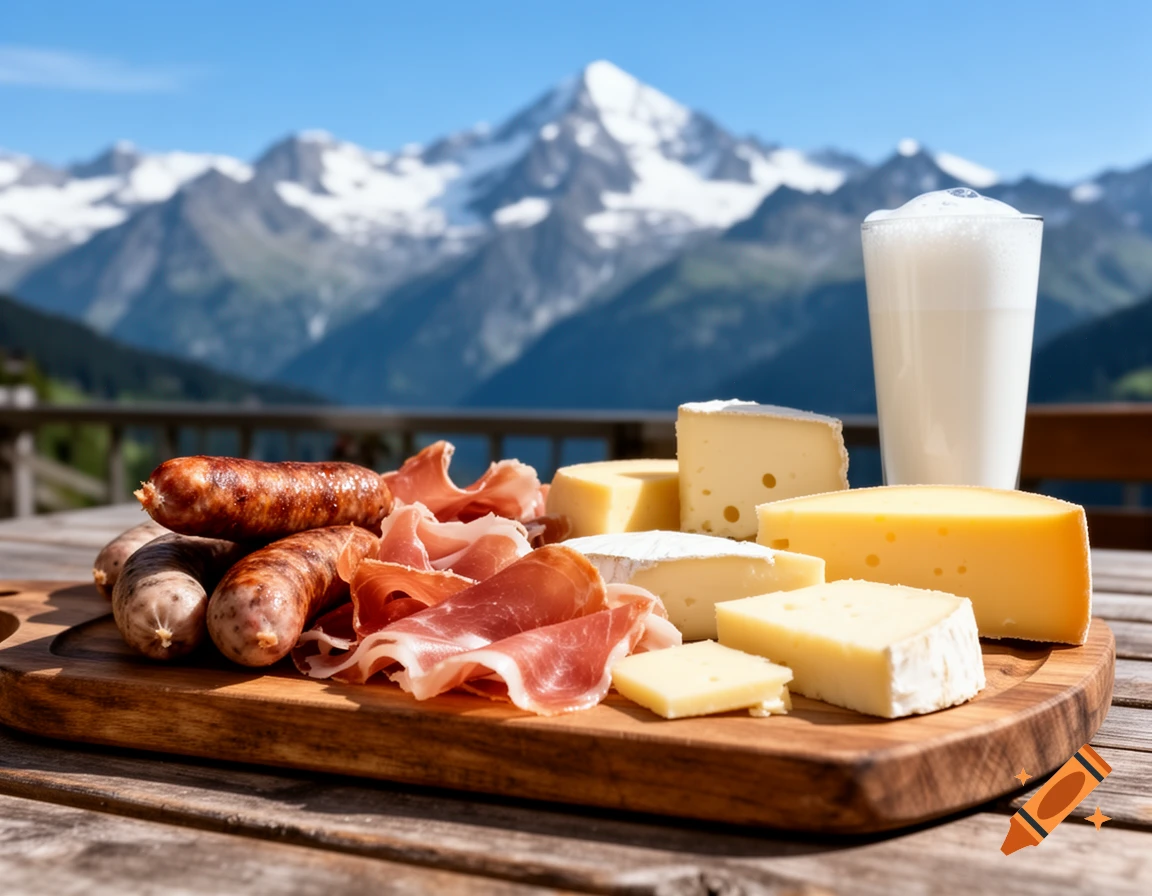 Photorealistic image of sausages, cured meat, cheeses, and milk on a wooden board. Snow-capped mountains in the background.