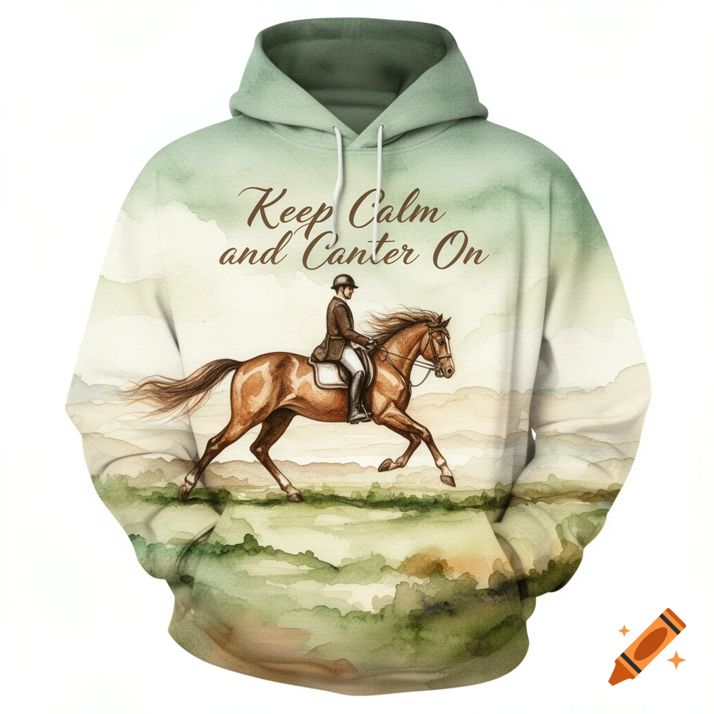 Watercolor design on a hoodie featuring a horse and rider cantering, with the text 'Keep Calm and Canter On' amidst soft green and brown tones.