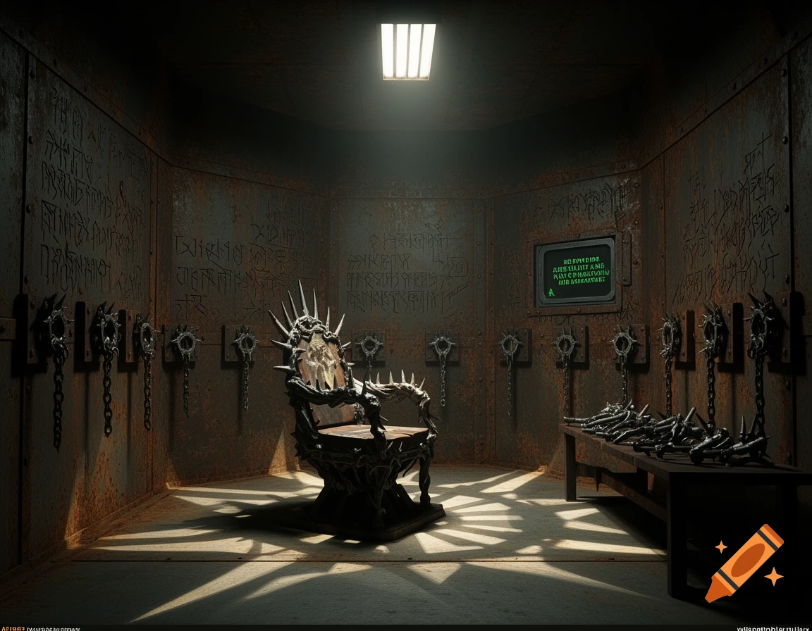 A dark, rusty interrogation cell with a spiked, throne-like chair, chains, and bladed instruments on a table, with glowing runes on the walls.