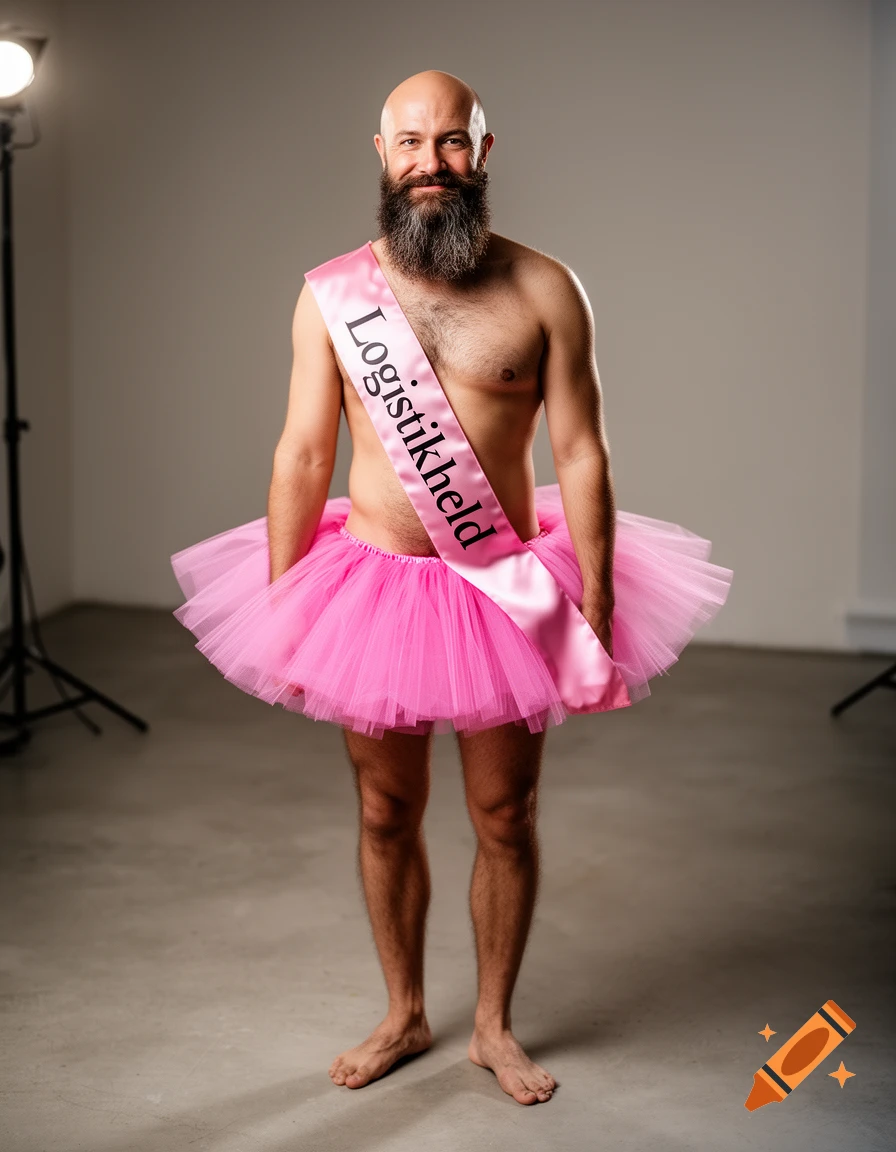 Bald, bearded man in a pink tutu and 'Logistikheld' sash stands barefoot in a studio.
