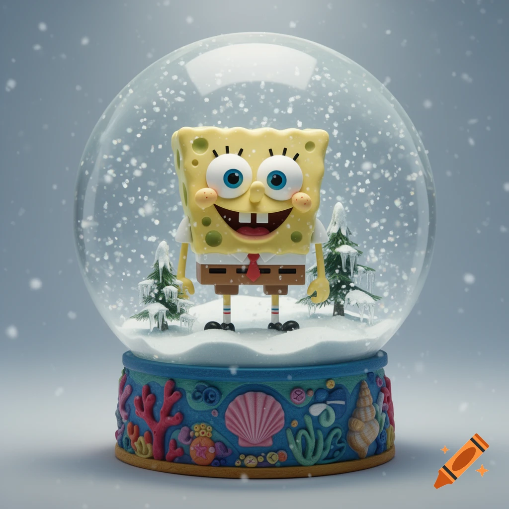 Spongebob Squarepants smiles inside a snow globe, surrounded by falling snow and miniature pine trees. The base is decorated with coral.