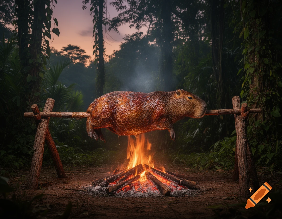 A whole capybara roasting on a wooden spit over a crackling campfire in a lush jungle at dusk, photorealistic.