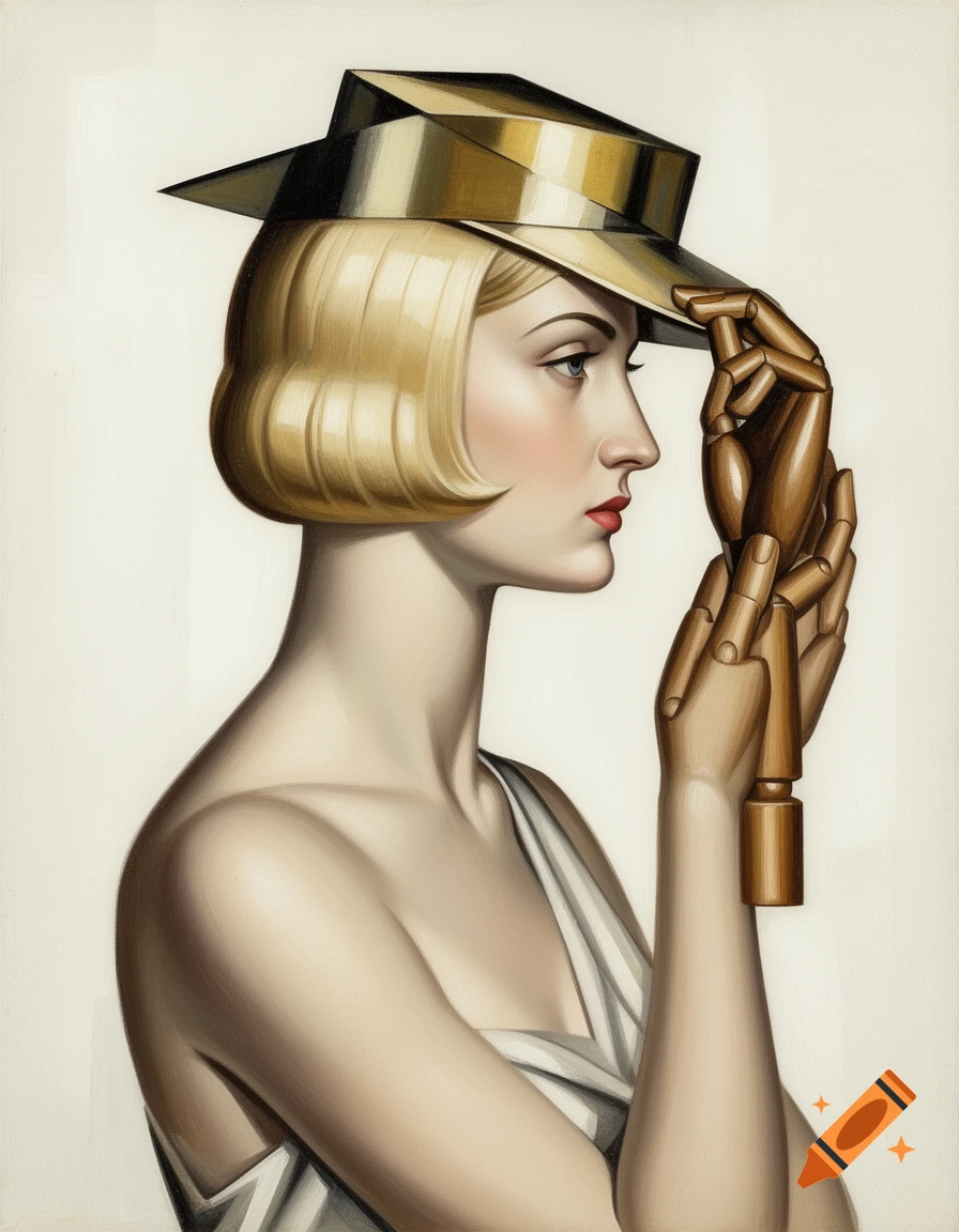 Art Deco oil painting of a blonde woman in profile, wearing a geometric hat and holding it with a wooden hand.