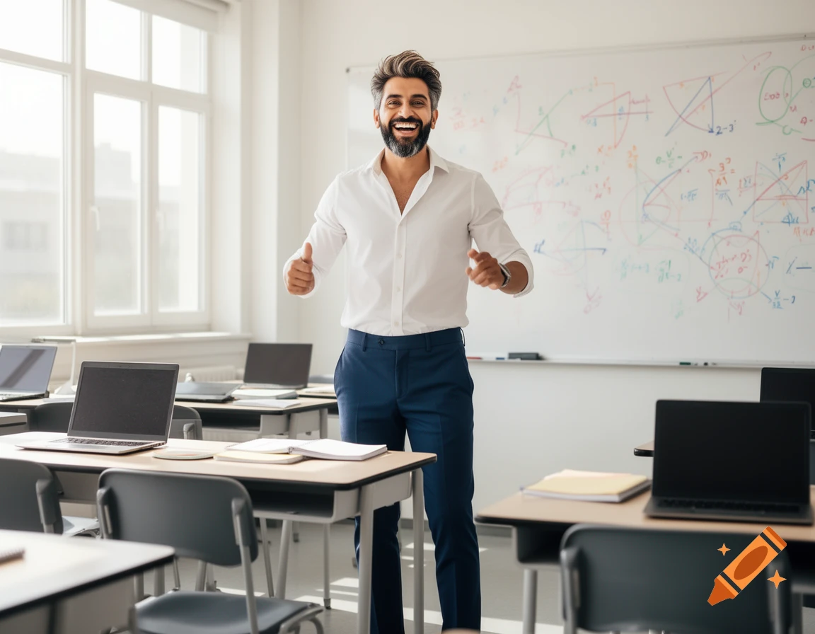 A smiling male teacher in a white shirt and blue pants gives a thumbs-up in a sunlit classroom with laptops on desks and a whiteboard full of equations.