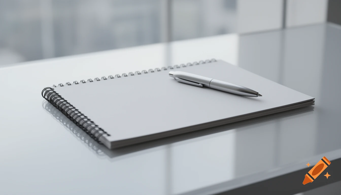 A silver pen lies on a gray spiral notebook on a reflective desk in a modern, quiet setting.