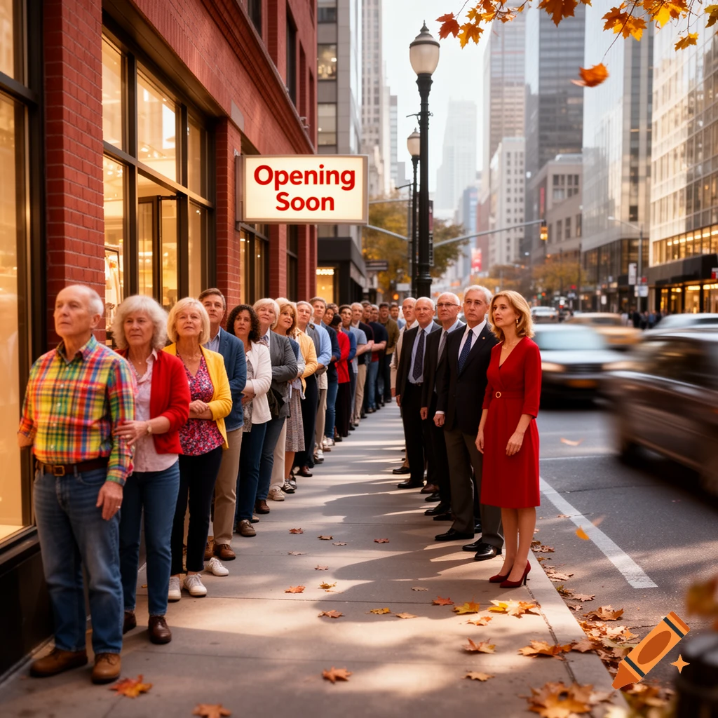 A long line of diverse people waiting on a city sidewalk beneath an "Opening Soon" sign, with blurred cars in the street.