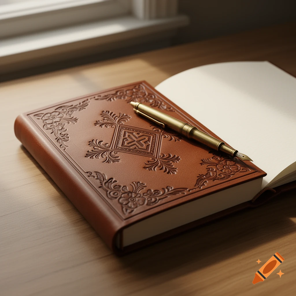 Photorealistic image of a brown leather journal with a gold fountain pen on a wooden desk by a window.