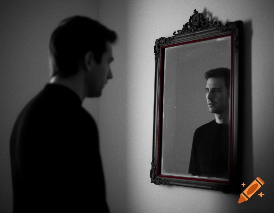 A man in black, blurred, looks into an antique mirror with a red outline, revealing his sharp, clear reflection in a high-contrast black and white photo.
