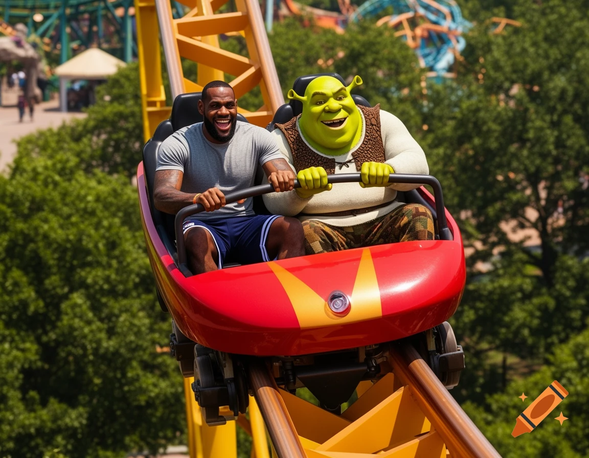 LeBron James and Shrek excitedly ride a red roller coaster car through an amusement park.