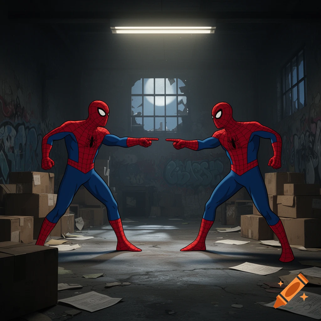 Two cartoon Spider-Men in red and blue suits stand in a dark, graffiti-covered warehouse, pointing at each other in a meme pose.