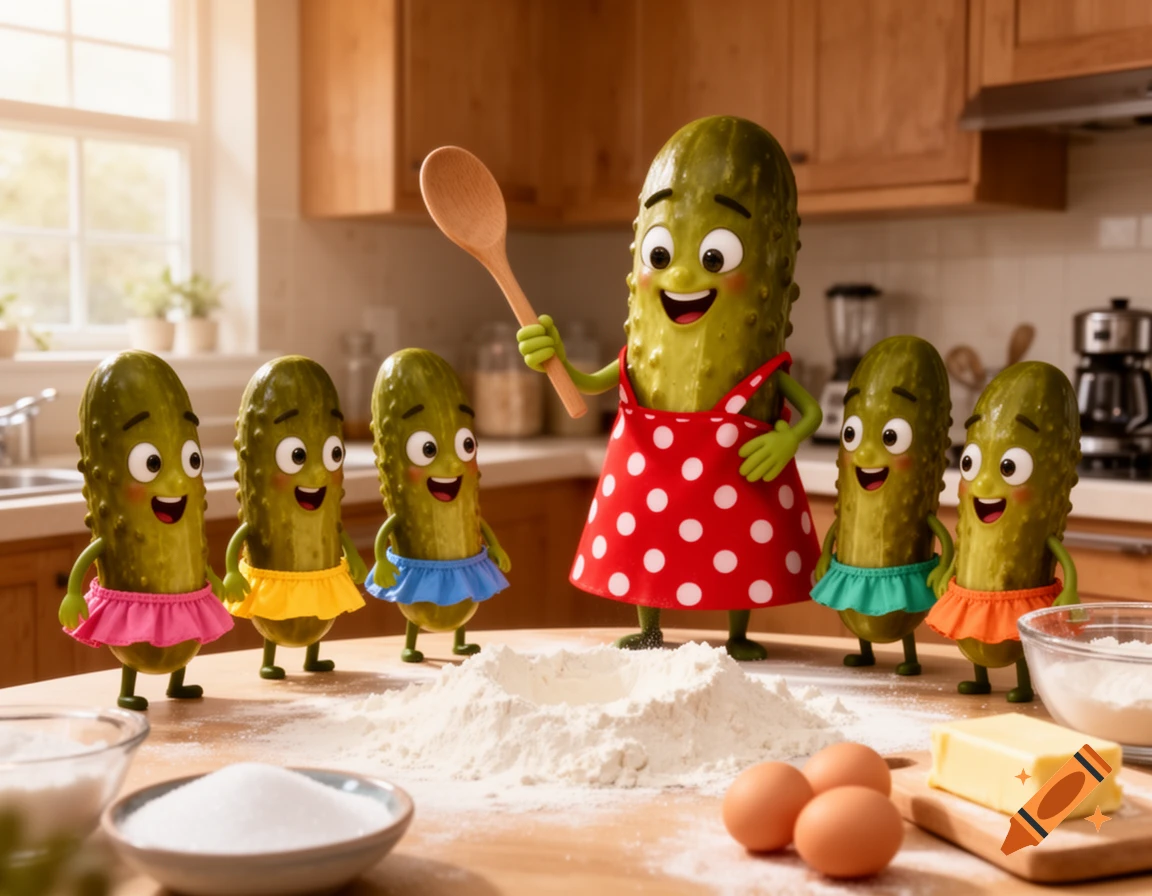 A large cartoon pickle in a polka dot apron teaches five smaller pickles in colorful tutus how to bake in a sunlit kitchen.