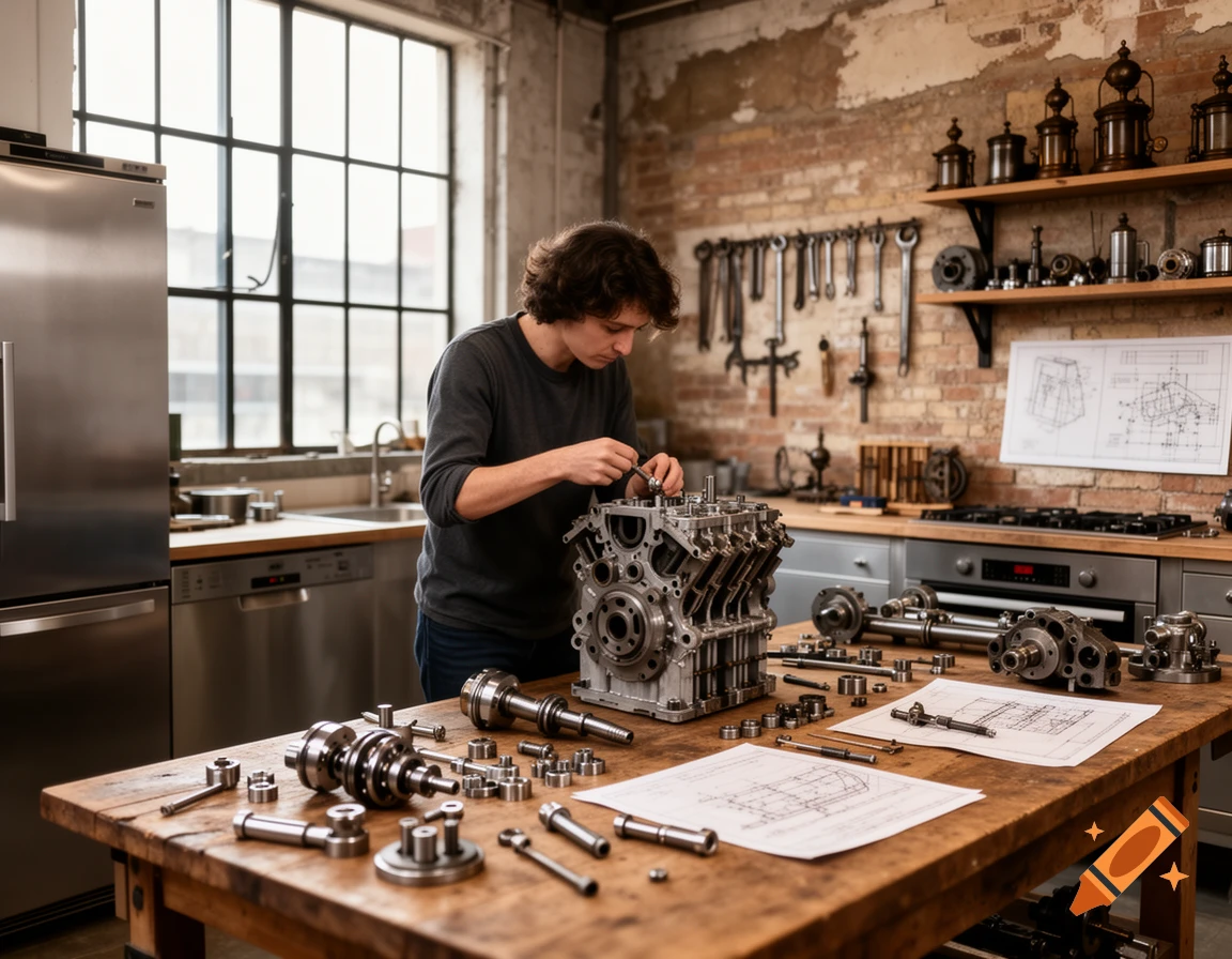 A man meticulously assembles an engine block on a wooden workbench in a well-lit workshop, surrounded by tools and blueprints.