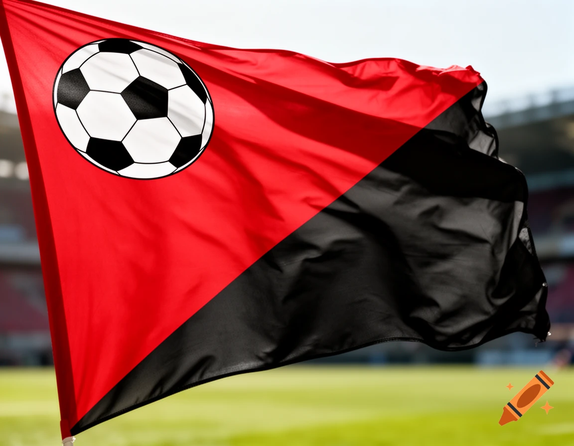 A red and black flag with a white soccer ball emblem waves at a sunny outdoor stadium, with green grass in the foreground.