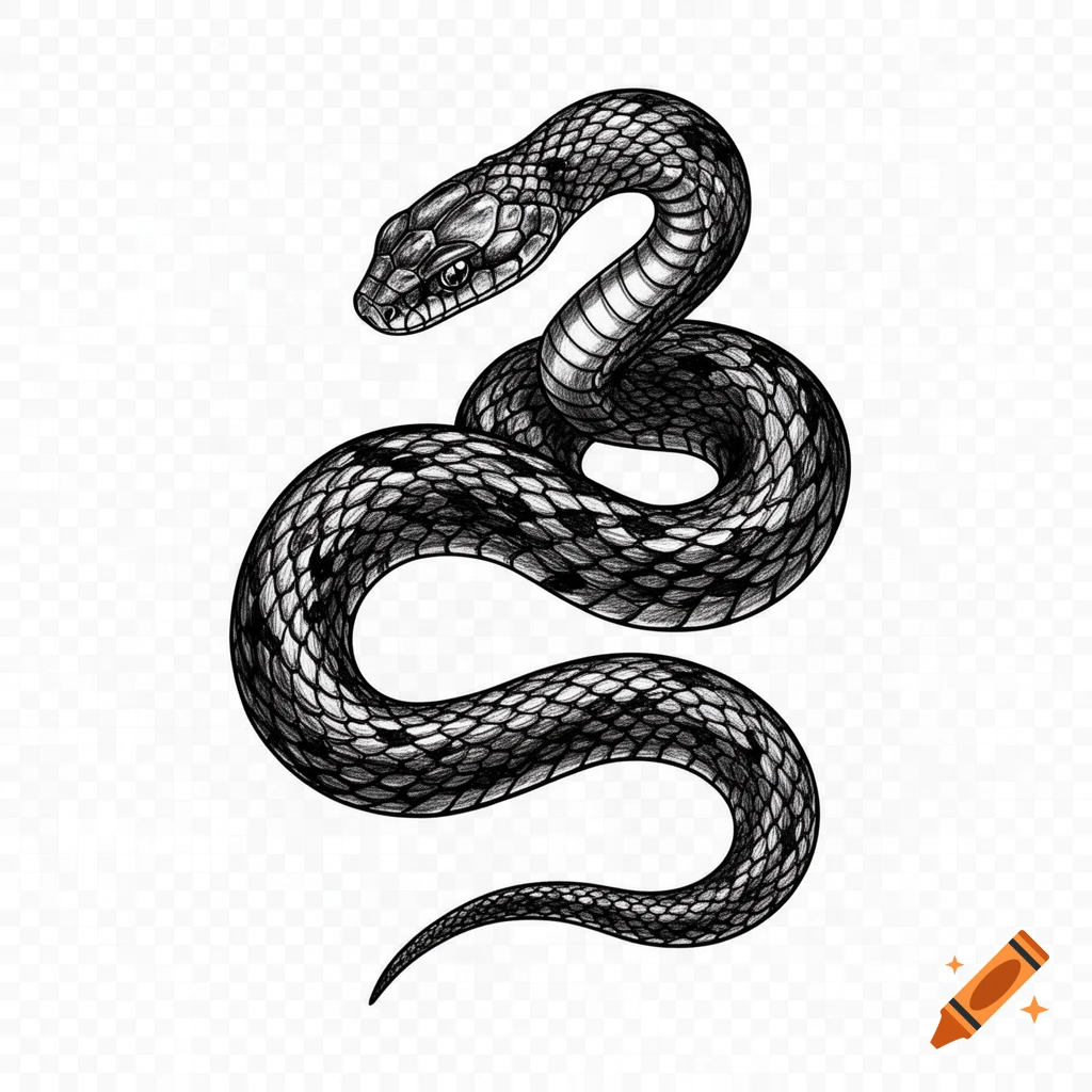 A detailed black and white ink drawing of a viper snake, coiled and looking realistic, on a transparent background, in a tattoo art style.