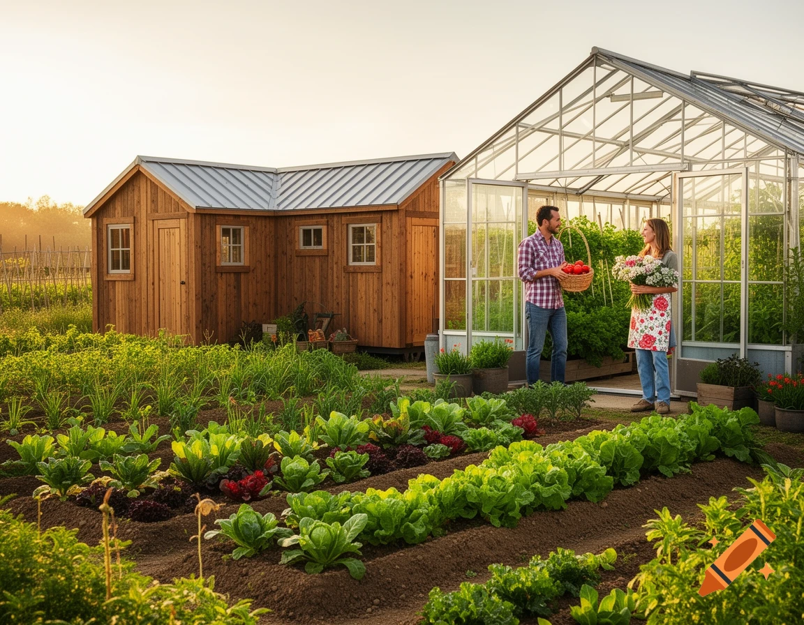 A couple stands in a vibrant garden at sunset, a man holding a basket of tomatoes, a woman holding flowers, next to a wooden shed and a large greenhouse.