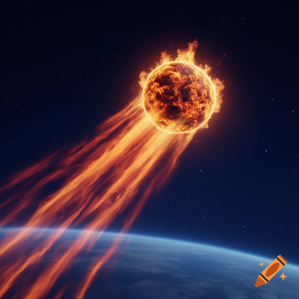 A flaming celestial body with a long fiery tail streaks through dark space towards a blue planet.