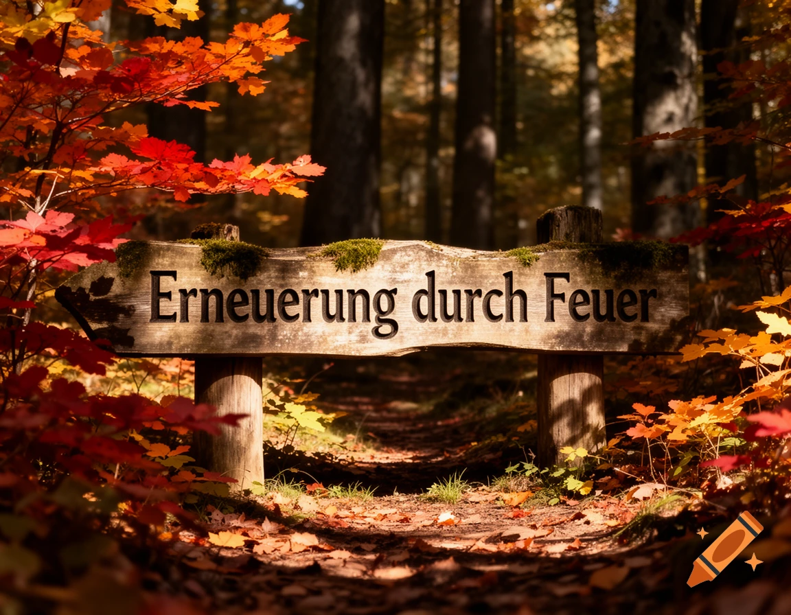 Wooden sign reading 'Erneuerung durch Feuer' ('Renewal through Fire') on a forest path amidst vibrant autumn leaves.