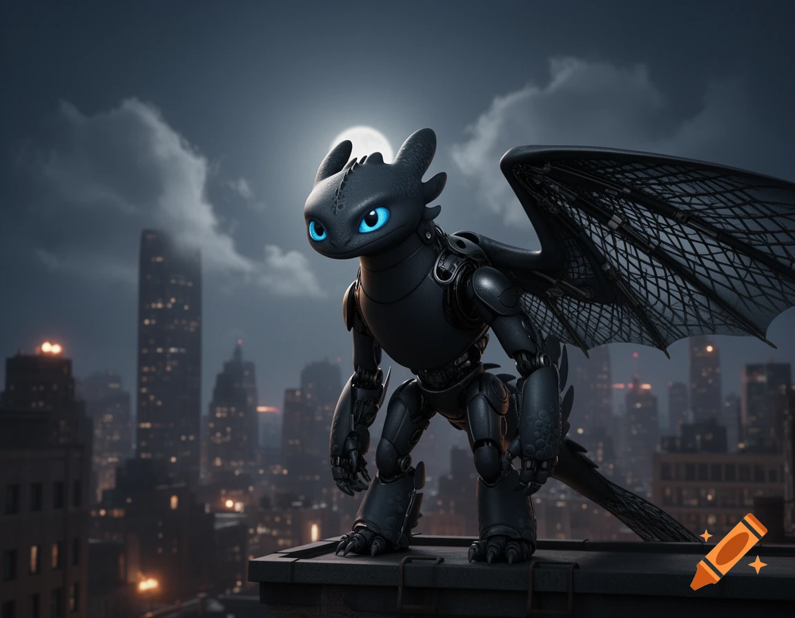 A sleek black robotic dragon with glowing blue eyes stands on a city rooftop at night, under a full moon with skyscrapers in the background.